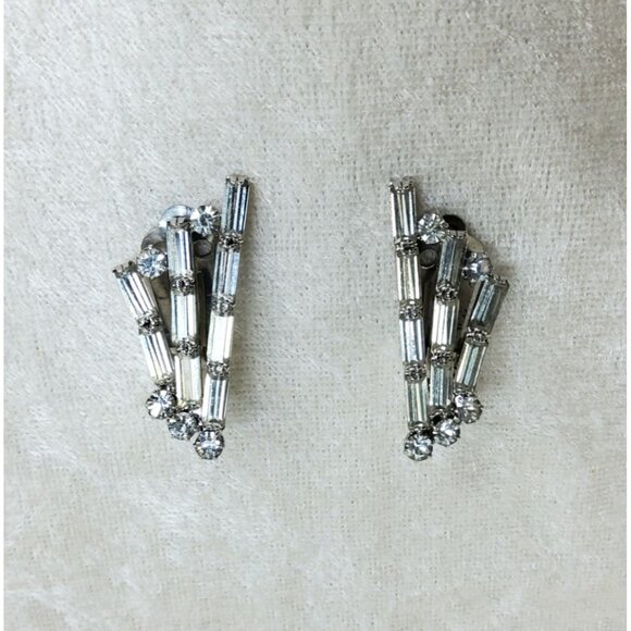 Vintage Art Deco Clear Rhinestone Ear Climber Earrings - Picture 1 of 4